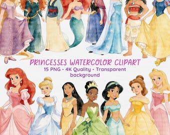 Princesses Clipart Bundle | 15 PNG 4K Quality Transparent Background | Birthday Clipart | Party Decoration PNG | Instant Download