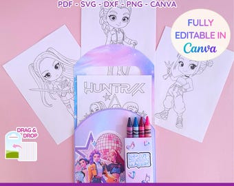 K-pop Demon Hunters Coloring Pages Bag | Kids Coloring Kit Party Favor | Printable Activity Pack | Editable Canva Template  Instant Download
