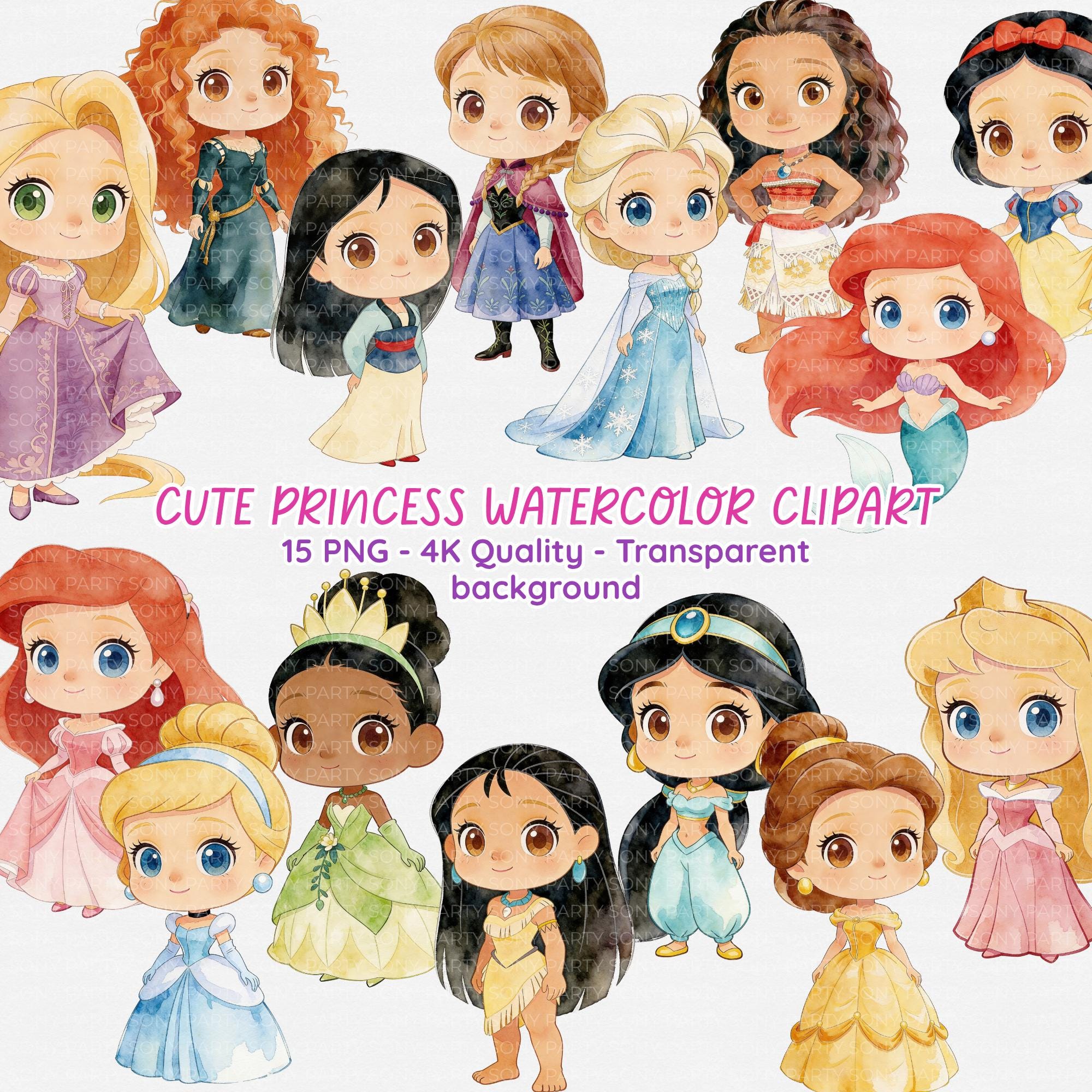 Cute Princesses Watercolor Clipart Bundle | 15 PNG 4K Quality ...