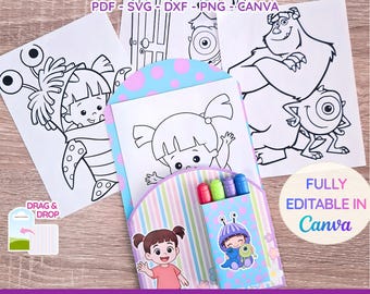 Monster Inc Coloring Pages Bag Template | SVG PNG PDF| Kids Activity Pack | Party Favor | Editable Canva Template | Instant Download