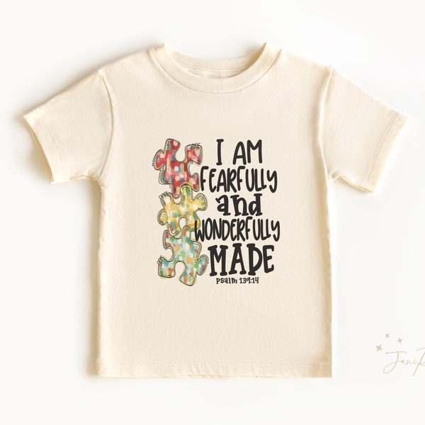 Toddler T-Shirt Fearfully and Wonderfully Made Psalm 13:14, Religious Puzzle Design, Inspirational Kids Top