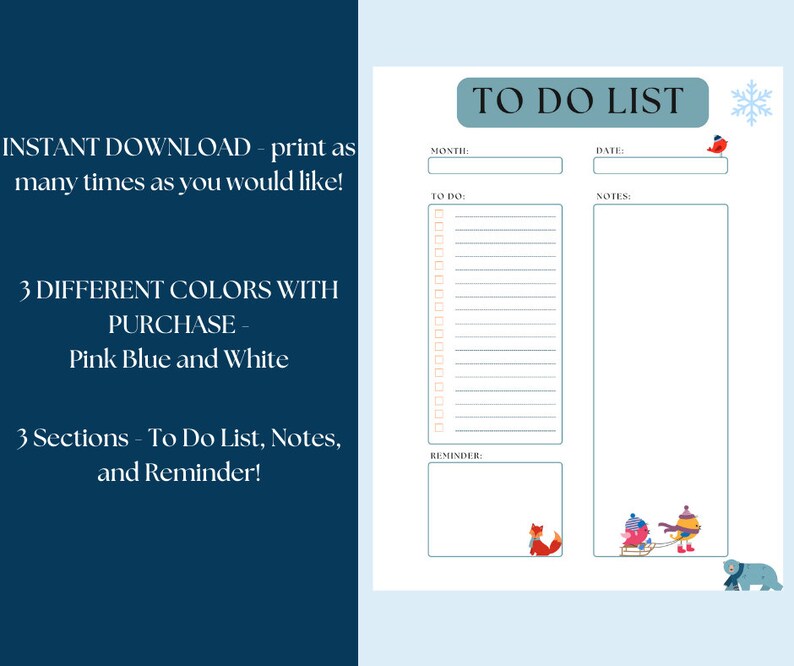 Printable Winter Themed to Do List, Productivity to Do List, Daily to Do List, Printable Themed ...