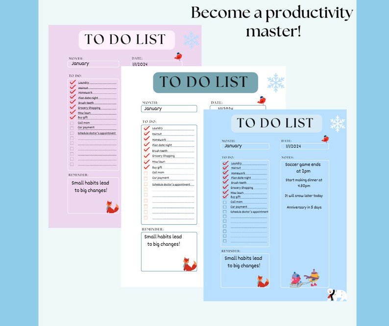 Printable Winter Themed to Do List, Productivity to Do List, Daily to Do List, Printable Themed ...