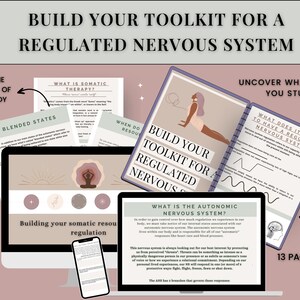 Puede incluir: Un kit digital para construir un sistema nervioso regulado. El kit incluye 13 páginas de información sobre terapia somática, estados mezclados y el sistema nervioso autónomo. La imagen presenta una pantalla de computadora, una tableta y un teléfono inteligente, todos mostrando diferentes páginas del kit.