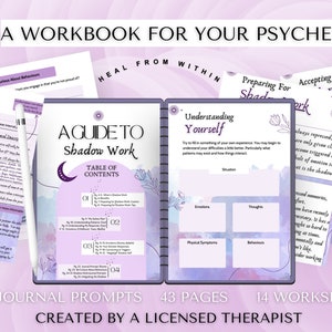 May include: A workbook titled "A Guide to Shadow Work" with a purple and white design. The open book shows journal prompts and worksheets. Text includes "Understanding Yourself" and "20+ Journal Prompts, 43 Pages, 14 Worksheets, Created by a Licensed Therapist."