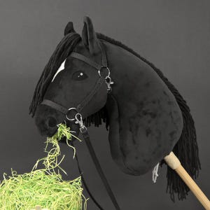 Hobby horse with horse halter and reins (black coat)