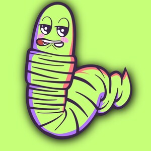 May include: A cartoon illustration of a green worm with a purple and pink striped body. The worm has a large head with big eyes and a pink blush on its cheeks.