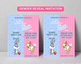 May include: A gender reveal invitation with a blue and pink background featuring Bugs Bunny and Lola Bunny. The text reads "Lala or Buggz?" with the date and time of the event. The invitation says "Bring Pampers if Team Boy".