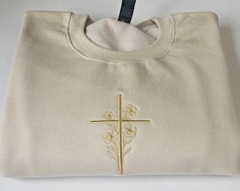 Cross embroidered unisex sweatshirt,Christian embroidered sweatshirt,scripture Easter cross bible verse crewneck sweater,Gift for christians
