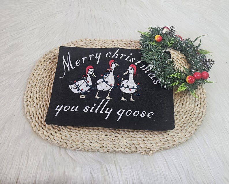 Embroidered Christmas sweatshirt gift for friend,unisex Custom silly goose christmas light sweatshirt gift for him her,christmas crewneck Black smoke