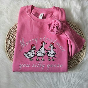 Embroidered Christmas sweatshirt gift for friend,unisex Custom silly goose christmas light sweatshirt gift for him her,christmas crewneck Pink