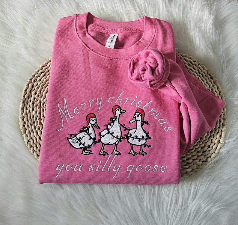 Embroidered Christmas sweatshirt gift for friend,unisex Custom silly goose christmas light sweatshirt gift for him her,christmas crewneck Pink
