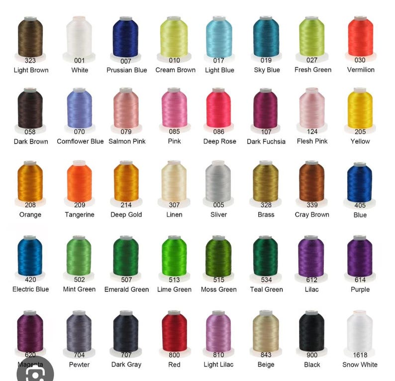 May include: A color chart of embroidery thread spools in various colors, including white, blue, pink, yellow, and green. Each spool is labeled with a color name and number, such as "Light Brown" and "001 White."