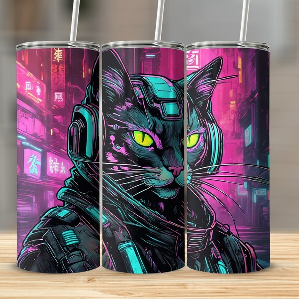 Cyberpunk Cat Tumbler, Futuristic Sci-Fi Kitty Travel Mug, Neon Glowing Eyes, Urban Feline Art Cup, Coffee Lover Gift, Unique Drinkware