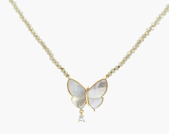 Moonstone Beaded Necklace with Dangling Gold Filled Mother of Pearl Butterfly and a Pear Shape Clear Cz Diamond/ Birthday Gift