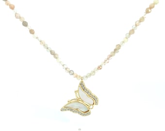 Trendy Beaded Moonstone Necklace with Dangling Gold Filled Mother of Pearl and Cz Diamond Butterfly Pendant/ Valentine’s Day Gift
