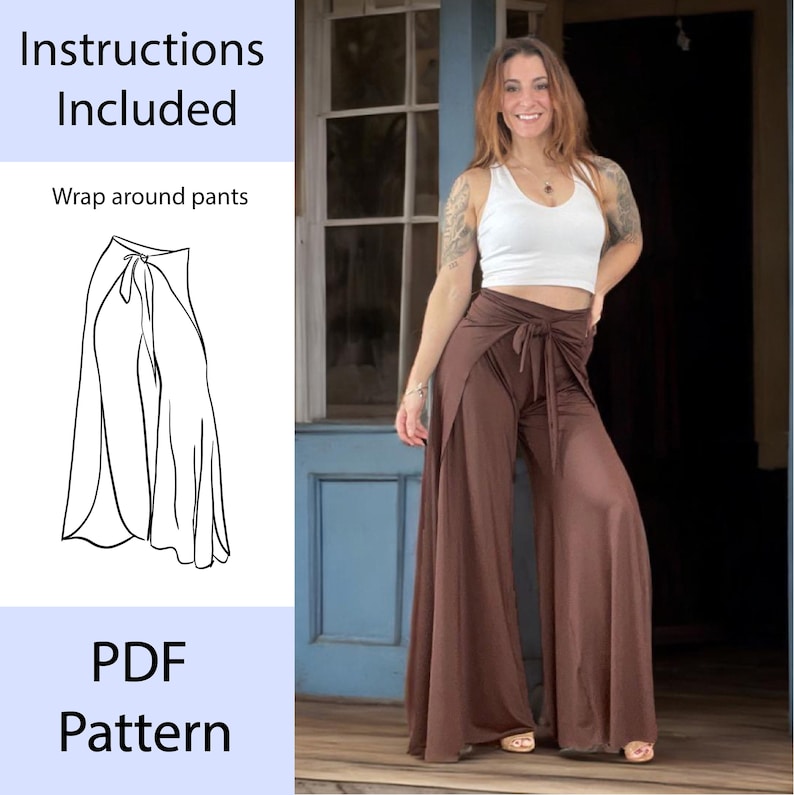 Puede incluir: Un patr&oacute;n PDF para pantalones envolventes. El patr&oacute;n incluye instrucciones. Una mujer lleva un pantal&oacute;n marr&oacute;n envolvente.