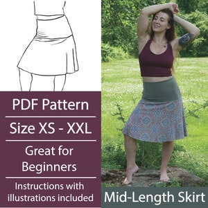 Mid Length Skirt PDF Pattern, Easy Patterns, Beginner Sewing Pattern, diy Skirt, Summer Skirt, Digital Sewing Pattern, XS-XXL, High Rise