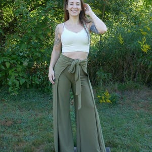 Palazzo Wrap Pant, Wrap Around Pants, Boho Pants, Fall pants, Open Flow Genie Pants, Bohemian Flow Pants, Summer Pants, Olive Green, Soft