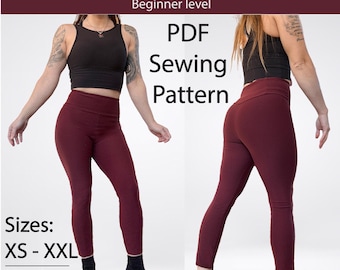 シームレスハイライズレギンス PDF 縫製パターン、初心者向け、簡単、XS - XXL、デジタルパターン