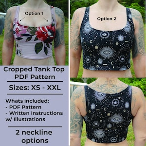May include: Two cropped tank top patterns with different neckline options. The first option has a floral print on a pink background. The second option has a black background with a white and gold eye and star pattern. The text on the image reads "Cropped Tank Top PDF Pattern Sizes: XS - XXL Whats included: - PDF Pattern - Written instructions w/ Illustrations 2 neckline options".
