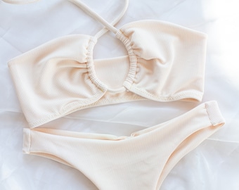conjunto de bikini acanalado amarillo, conjunto de bikini brasileño, bikini boho para mujer, traje de baño hippie, bikini descarado, bikini hecho a mano, traje de baño de mujer