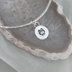 May include: A silver bangle bracelet with a hammered texture. A small, round charm with a black owl design hangs from the bracelet. The owl has large eyes and a simple, stylized design. The bracelet is displayed on a light gray surface.
