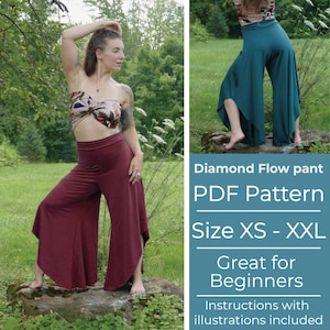 May include: A woman wearing burgundy diamond flow pants and a floral top stands on a rock in a natural setting. The image includes text: "Diamond Flow pant PDF Pattern Size XS - XXL Great for Beginners Instructions with illustrations included."