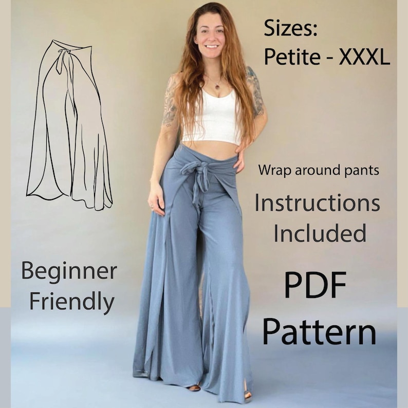 Puede incluir: Un patr&oacute;n PDF para pantalones envolventes. El patr&oacute;n es f&aacute;cil de usar e incluye instrucciones. El patr&oacute;n est&aacute; disponible en tallas petite a XXXL.