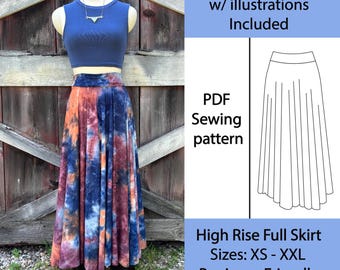 High Rise Full Skirt PDF Sewing Pattern, A4 & AO files, Beginner level sewing, Instructions w/ Illustrations, xs-xxl, Boho style, Elegant
