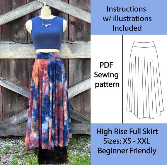 High Rise Full Skirt PDF Sewing Pattern, A4 AO Files, Beginner