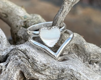 Sterling silver, Veona Hart Ring Set, Mother of pearl, Silver ring, Stackable rings, Heart ring, Gifts, simple
