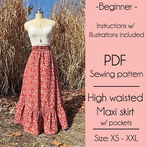 High Waisted Maxi Skirt PDF Sewing pattern, Pockets, Beginner sewing project, Easy sewing patterns, XS - XXL, Cotton, Spring, Summer, Fall