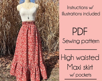 Hoch taillierter Maxi Rock PDF Schnittmuster, Taschen, Anfänger Nähprojekt, Einfache Schnittmuster, XS - XXL, Baumwolle, Frühling, Sommer, Herbst