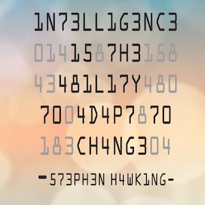 Puede incluir: Impresión artística digital con mensajes codificados en negro y gris, sobre un fondo degradado borroso de naranja, azul y blanco. El texto incluye el nombre "Stephen Hawking" en código. La parte inferior de la imagen muestra opciones de formato de archivo y el logotipo "Cthulhu Art Studio".