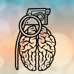 May include: Black and white line art illustration of a human brain shaped like a grenade. The image includes the text "SVG - PDF - PNG - STUDIO103 - CDR - DXF - EPS" and "CTHULHU ART STUDIO".