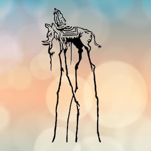 May include: Black and white silhouette of a surreal elephant with long, thin legs and a small, detailed figure on its back. The elephant is standing on a light background.
