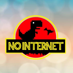 May include: A red, yellow, and black graphic design with a pixelated dinosaur and the text "NO INTERNET".