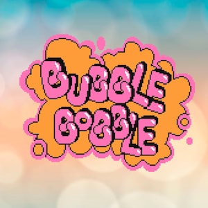 May include: A digital graphic featuring the pixel art text BUBBLE BOBBLE in pink with black outlines, set against an orange cloud-like shape. Below the text, the file formats SVG, PDF, PNG, STUDIO3, CDR, DXF, and EPS are listed in black text.