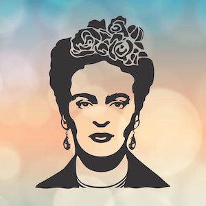 May include: Black and white silhouette of Frida Kahlo with a flower crown, earrings, and a necklace. The background is a blurred blue and orange gradient. The text "SVG - PDF - PNG - STUDIO3 - CDR - DXF - EPS" is at the bottom of the image. The text "CTHULHU ART STUDIO" is at the bottom of the image with a stylized octopus logo.