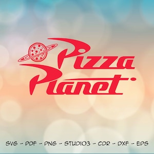 May include: Red and white logo for Pizza Planet, a fictional restaurant from the movie Toy Story. The logo features a red planet with a pizza on it, surrounded by a ring of planets. The text "Pizza Planet" is in a red, stylized font.