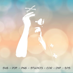 Puede incluir: Silueta blanca de una persona con una corona en la cabeza, con un fondo borroso de colores pastel azul y naranja. El texto "SVG - PDF - PNG - STUDIO3 - CDR - DXF - EPS" está en la parte inferior de la imagen. El texto "CTHULHU ART STUDIO" está en la parte inferior de la imagen con un logotipo de pulpo estilizado.