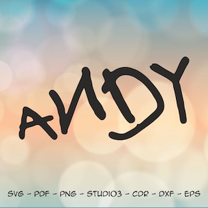 Puede incluir: Una ilustración digital en blanco y negro del nombre "ANDY" escrito a mano. El fondo es una imagen borrosa de un cielo azul y naranja.