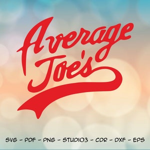 May include: Red text on a blurred background reads "Average Joe's" with a red curved line underneath. The text is in a stylized font. Below the text, in black, is "SVG - PDF - PNG - STUDIO3 - CDR - DXF - EPS". Below that is a black logo of a stylized octopus with the text "CTHULHU ART STUDIO".