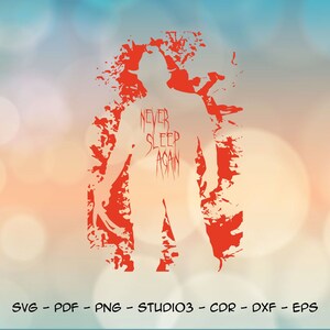 May include: Red silhouette of a person with the words "Never Sleep Again" inside the silhouette. The silhouette is on a blurred background of blue and orange.