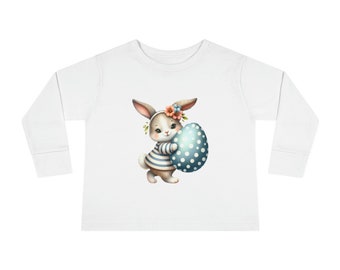 Lapin de Pâques tenant un oeuf. T-shirt à manches longues pour tout-petit. Idée cadeau pour le jour de Pâques. Chemise pour fille. Lapin avec une impression d'oeuf. Imprimé animal