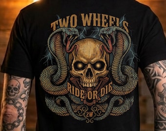 Two Wheels Ride or Die Biker T-Shirt, Vintage Motorcycle Club Graphic Tee, Snake Skull Outlaw Rider Gift, Comfort Colors Garment Dyed Shirt