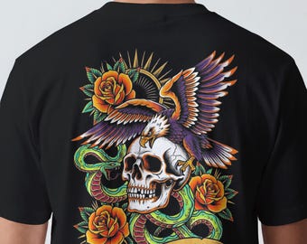 Camiseta Toxic Amour con diseño de calavera y rosa / estilo tatuaje vintage