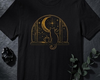Camiseta Luna Creciente con Gato Lunar / Camiseta de Gato Celestial con Arte Lineal Minimalista