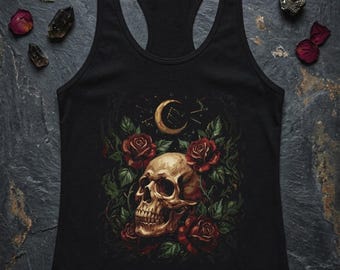 Camiseta sin mangas con estampado floral oscuro, calavera gótica, rosa y luna de bruja / Ropa alternativa para mujer